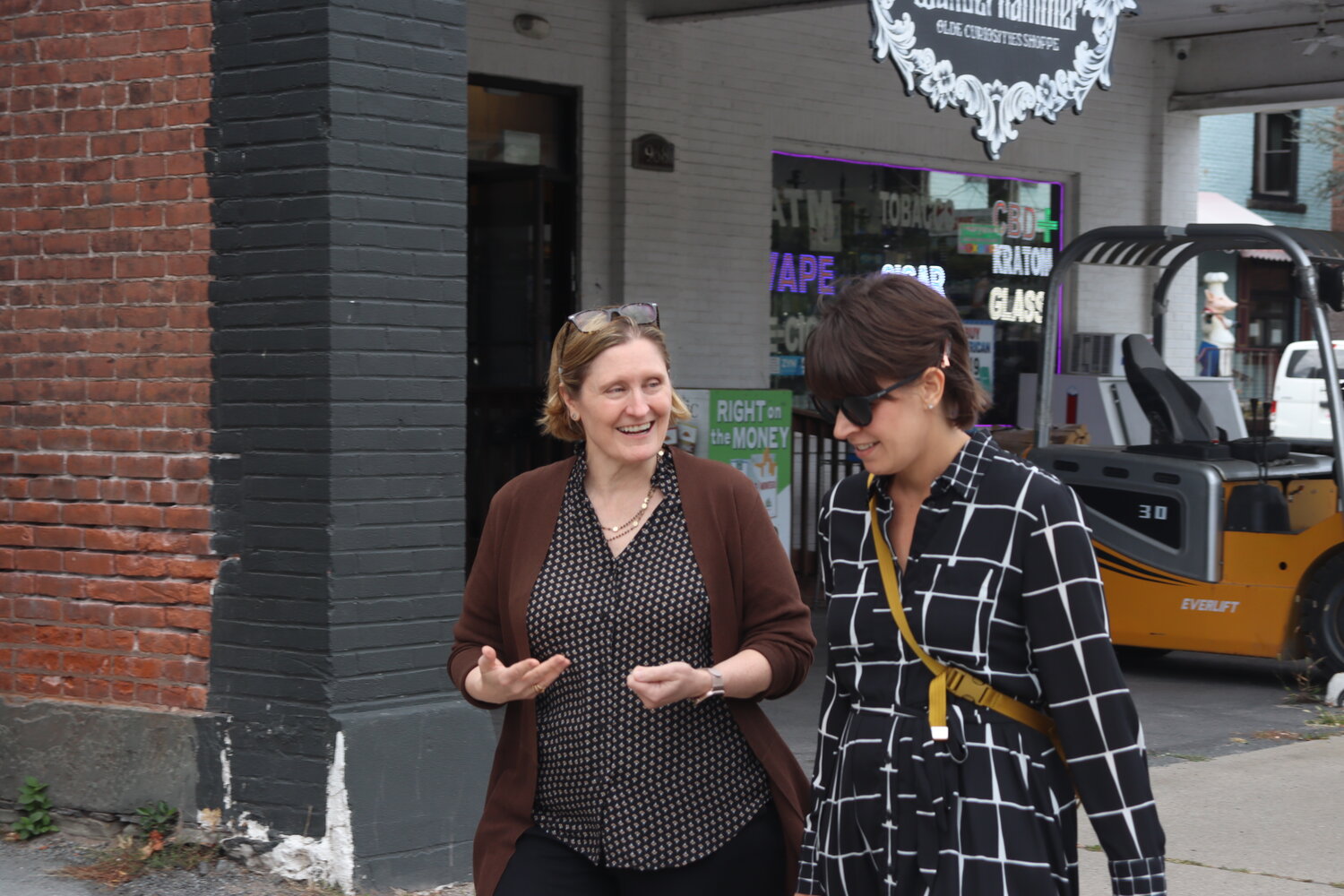 Anna Paulson, left, Federal Reserve Bank of Philadelphia President, tours Honesdale with Ryanne Jennings, Wayne County Community Foundation President.